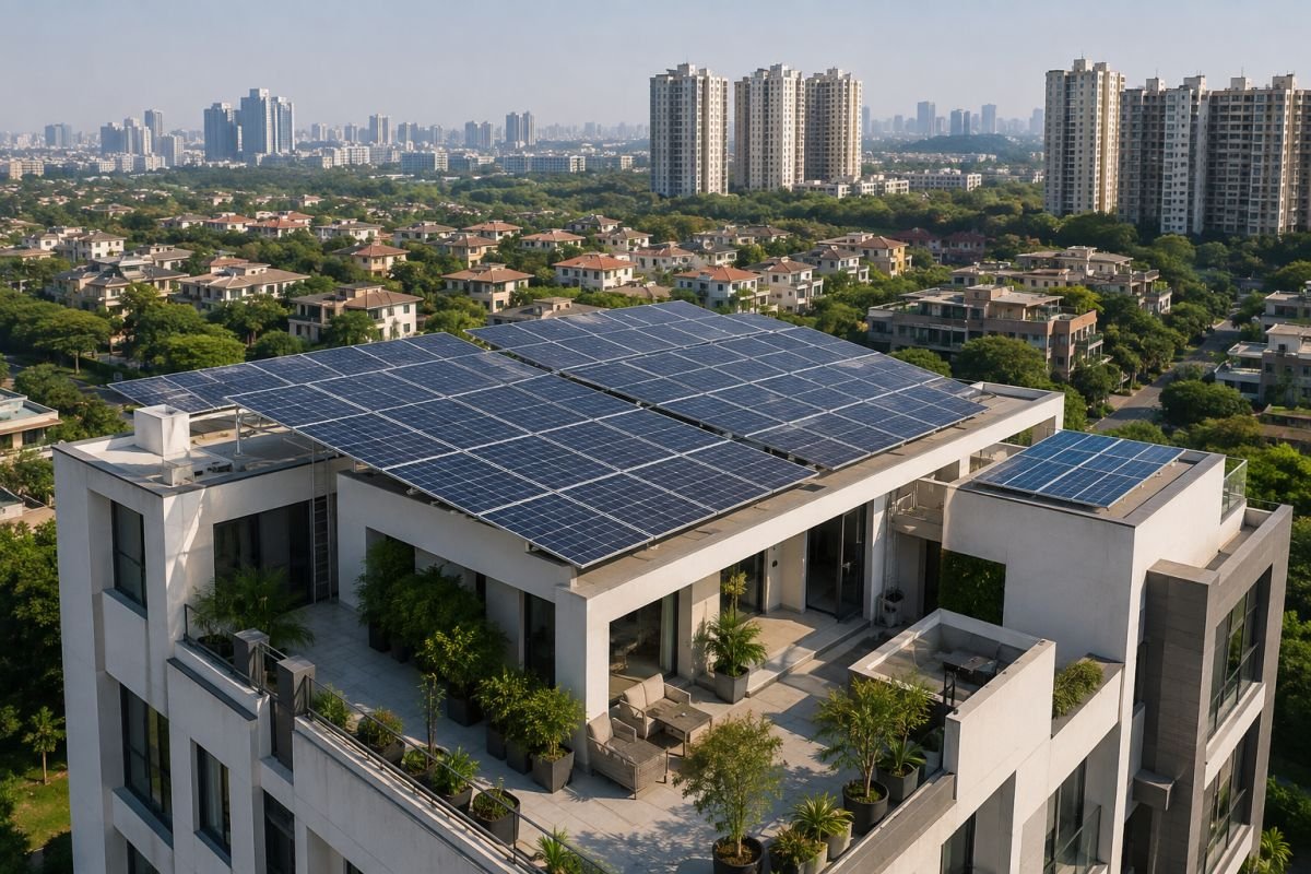 Solar rooftop panels installed on a premium Gurgaon home