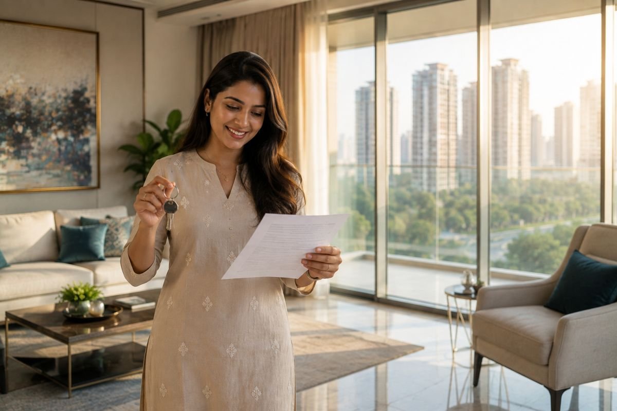 Woman homeowner reviewing home loan and tax savings in Haryana