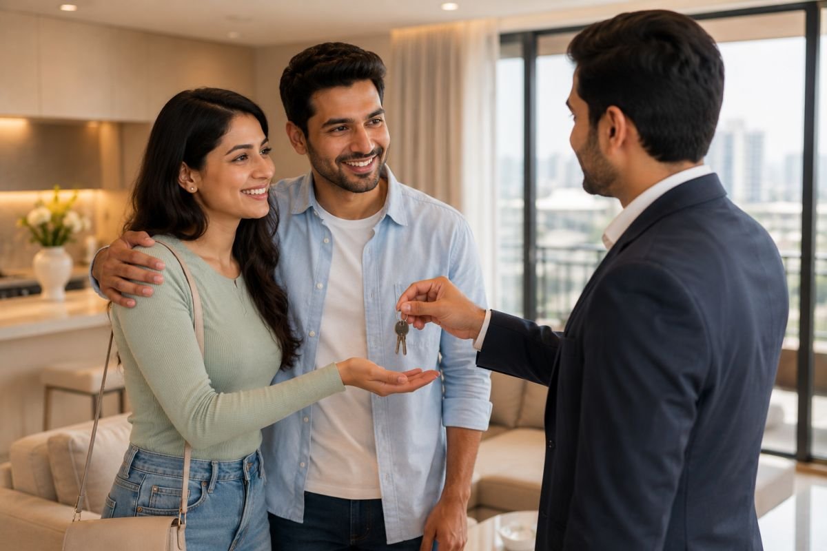 Young family receiving keys to their first home in Gurgaon