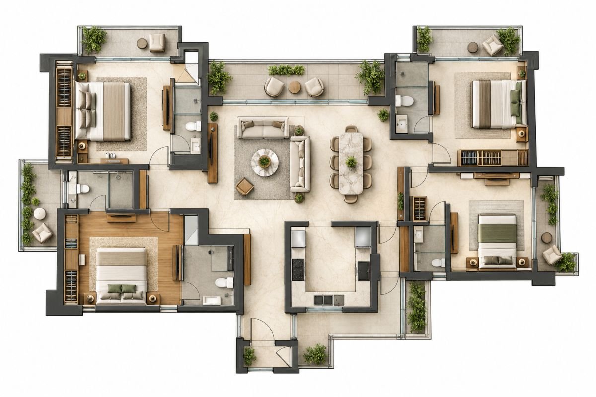 Conceptual four-bedroom independent-floor layout illustrating room arrangement, balconies and usable living space