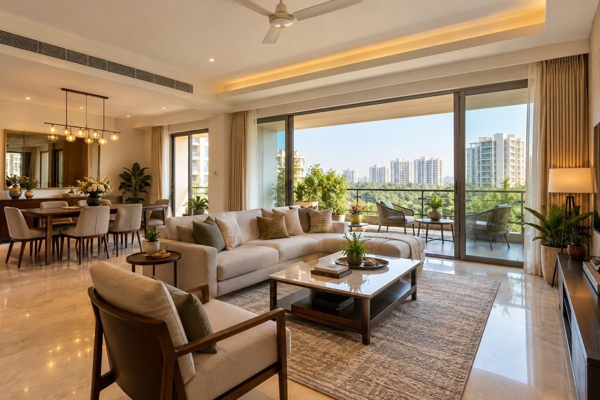 Apartment living room and balcony illustrating natural light and layout usability in a Gurgaon residence
