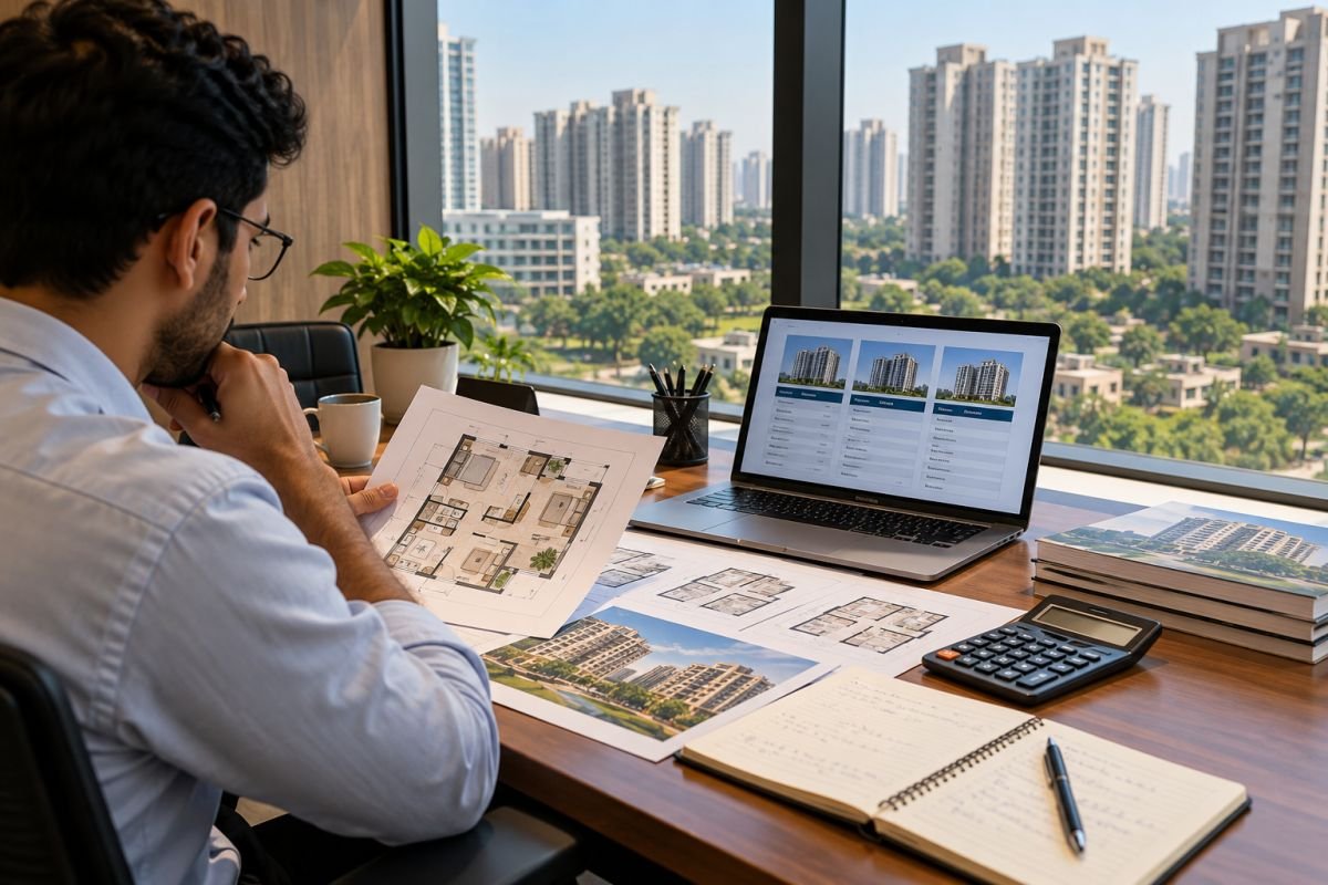 Property investor reviewing apartment floor plans and resale investment documents in Gurgaon