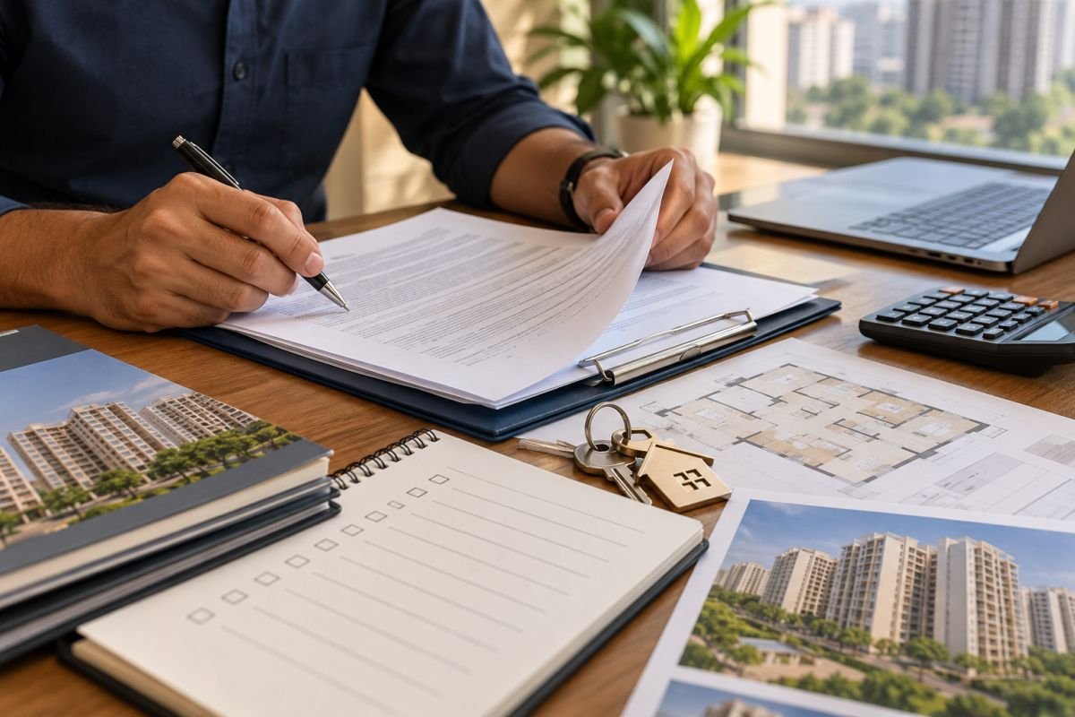 Property buyer checking apartment sale documents and ownership paperwork before a Gurgaon resale purchase