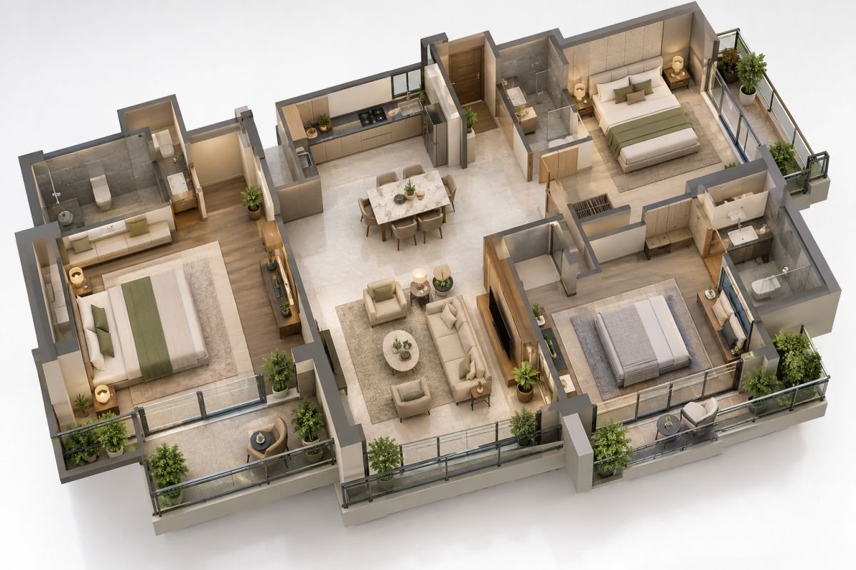  DLF Gardencity Enclave in Sector 93, Gurgaon Independent builder floor layout showing bedrooms living dining kitchen and balconies