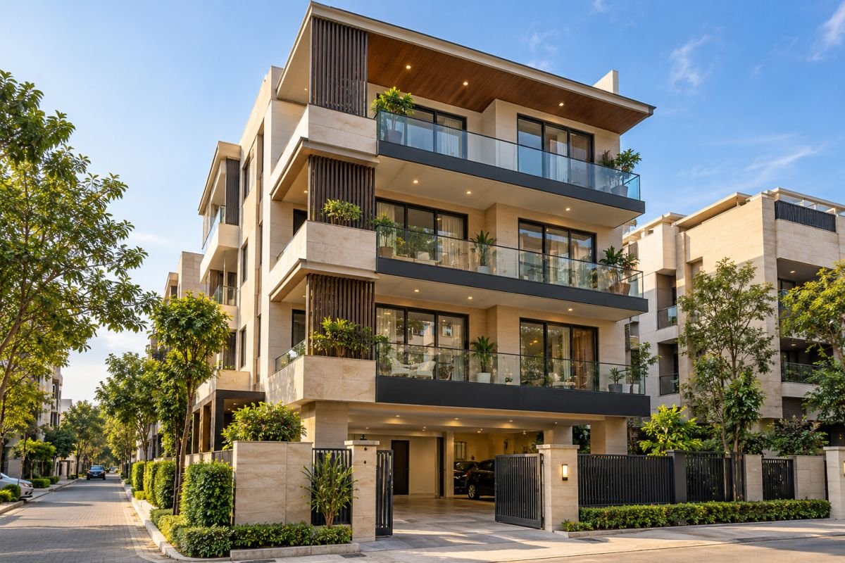 Contemporary Indian independent builder floor exterior for residential property price evaluation