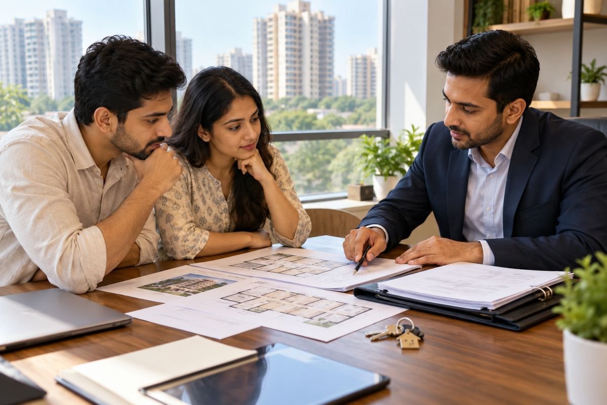 Property buyer reviewing floor plans and legal documents during independent-floor due diligence