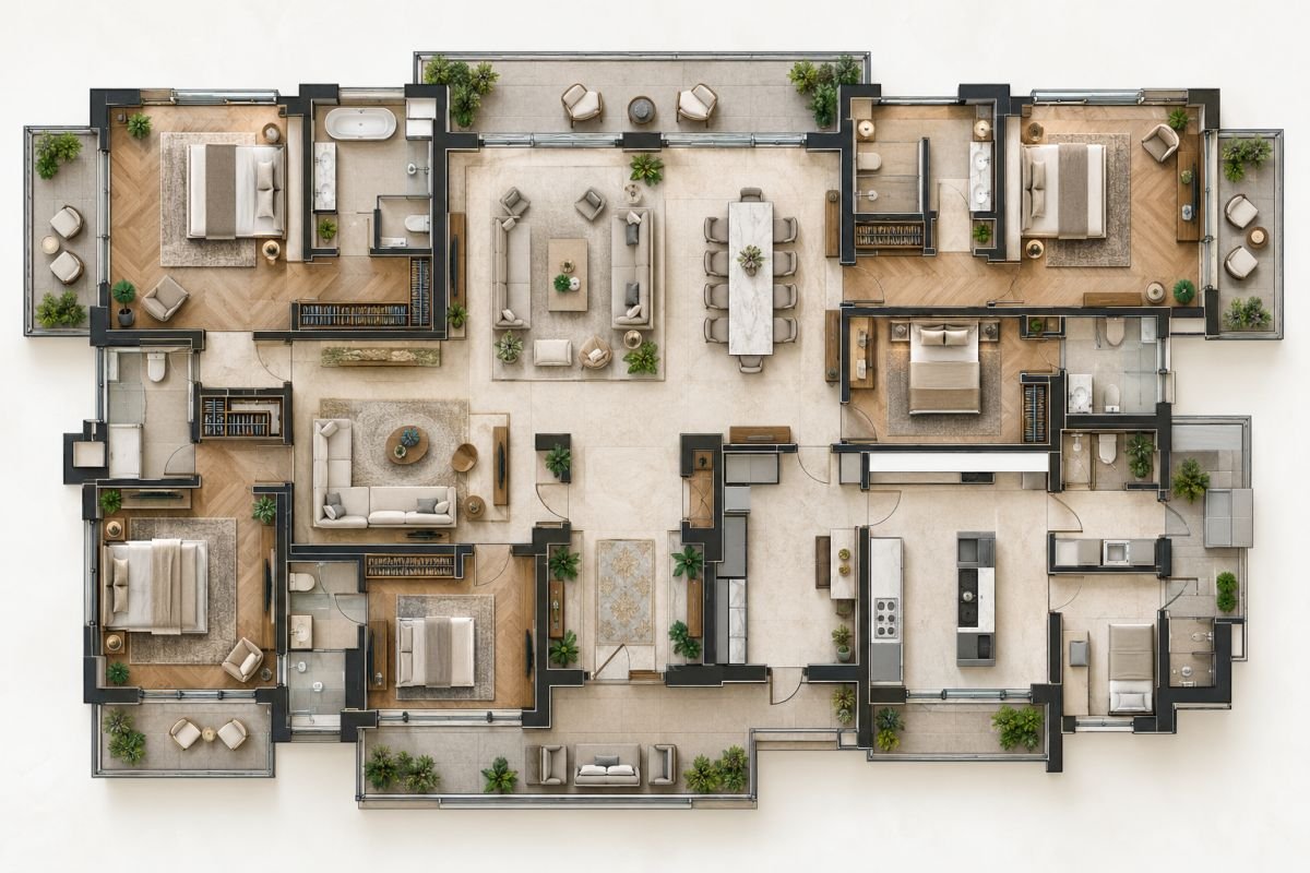 Illustrative luxury apartment floor plan showing bedrooms, living areas and balconies