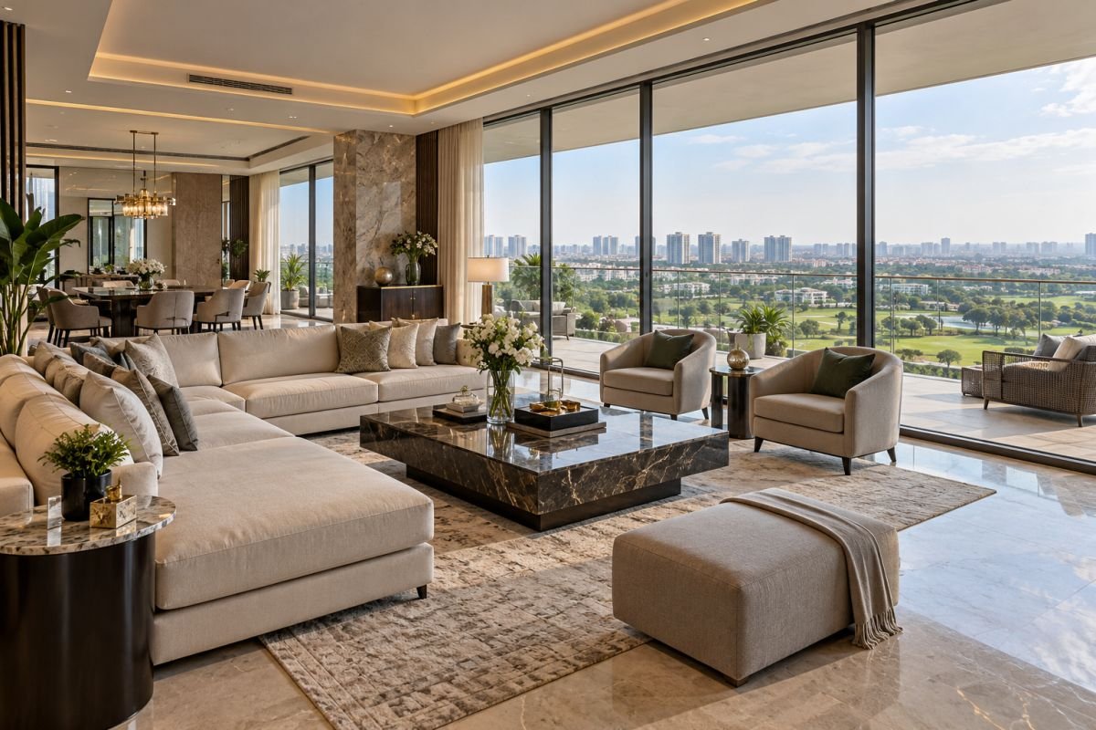 Ultra-luxury apartment living room with floor-to-ceiling windows and an expansive city view