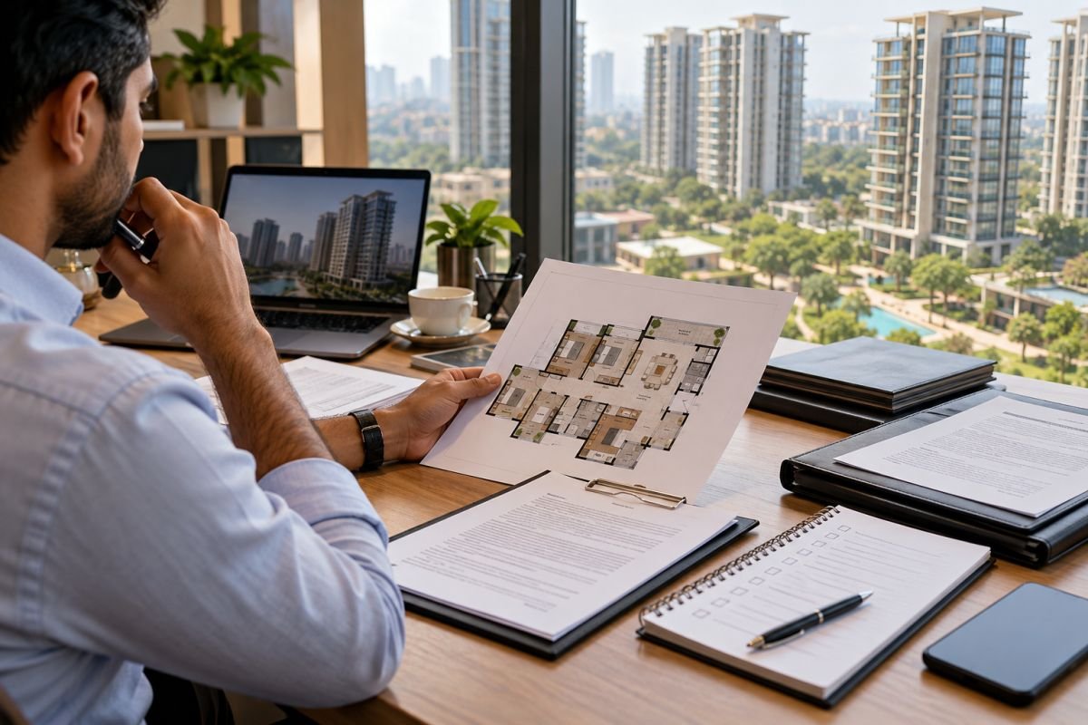 Property buyer reviewing ownership documents and apartment plans during legal due diligence