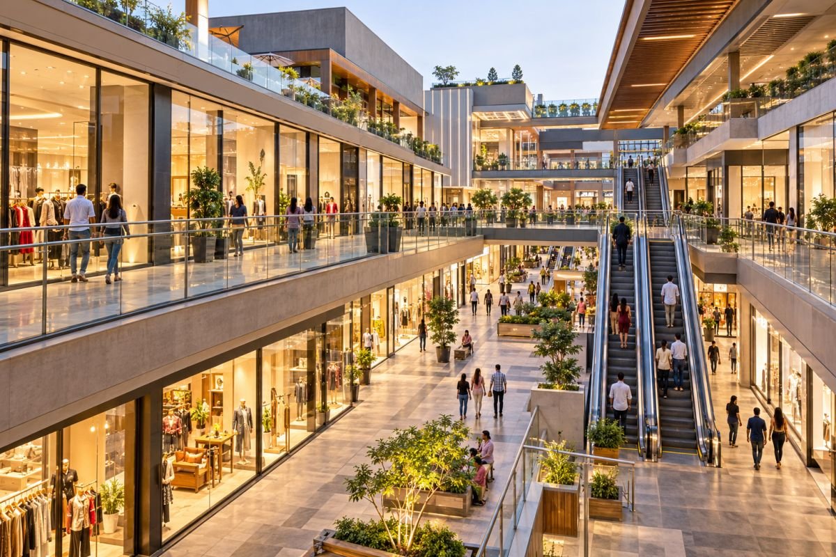 Ground-floor retail frontage and upper-floor commercial shops illustrating floor-wise leasing potential