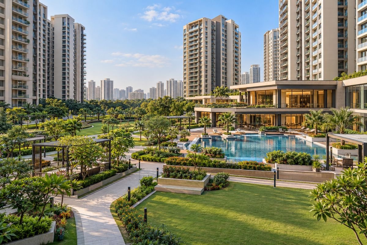 Landscaped residential courtyard and recreational facilities at a high-rise community in Sector 102 Gurgaon
