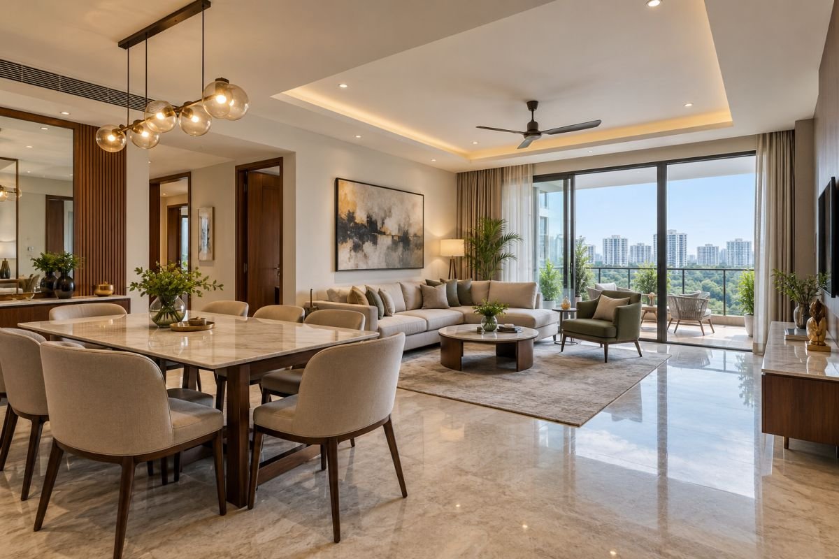 Apartment living area and balcony illustrating usable space in Emaar Gurgaon Greens floor plansApartment living area and balcony illustrating usable space in Emaar Gurgaon Greens floor plans