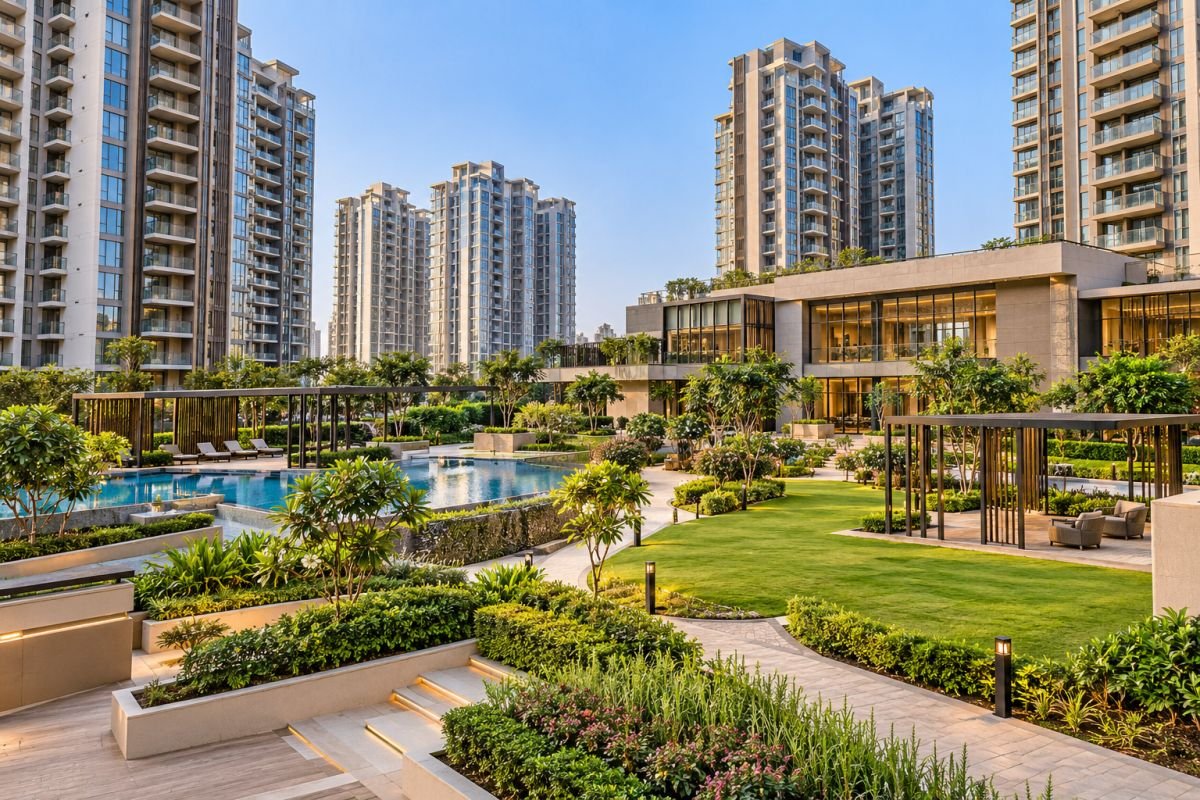 Landscaped podium and shared residential amenities in a premium Gurgaon apartment development