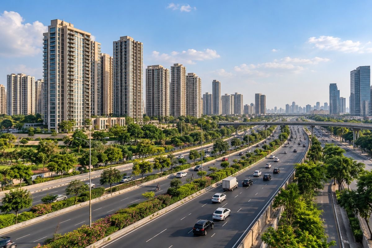 Urban road infrastructure and residential skyline near the Dwarka Expressway Gurgaon corridor