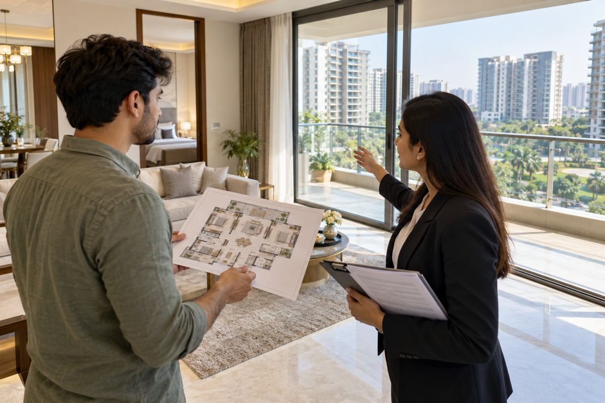 Gurgaon property buyer inspecting an apartment layout and reviewing purchase costs.