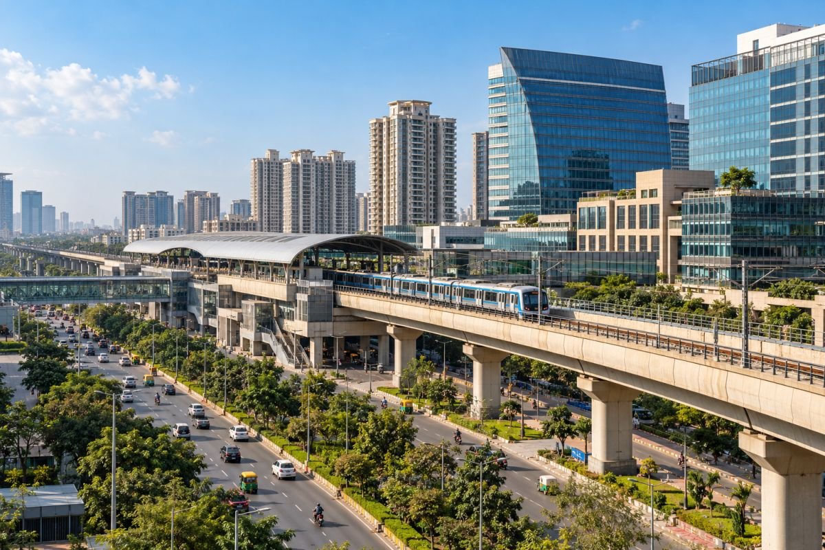 Gurugram Metro proposed corridor and surrounding urban infrastructure near Millennium City Centre in 2026
