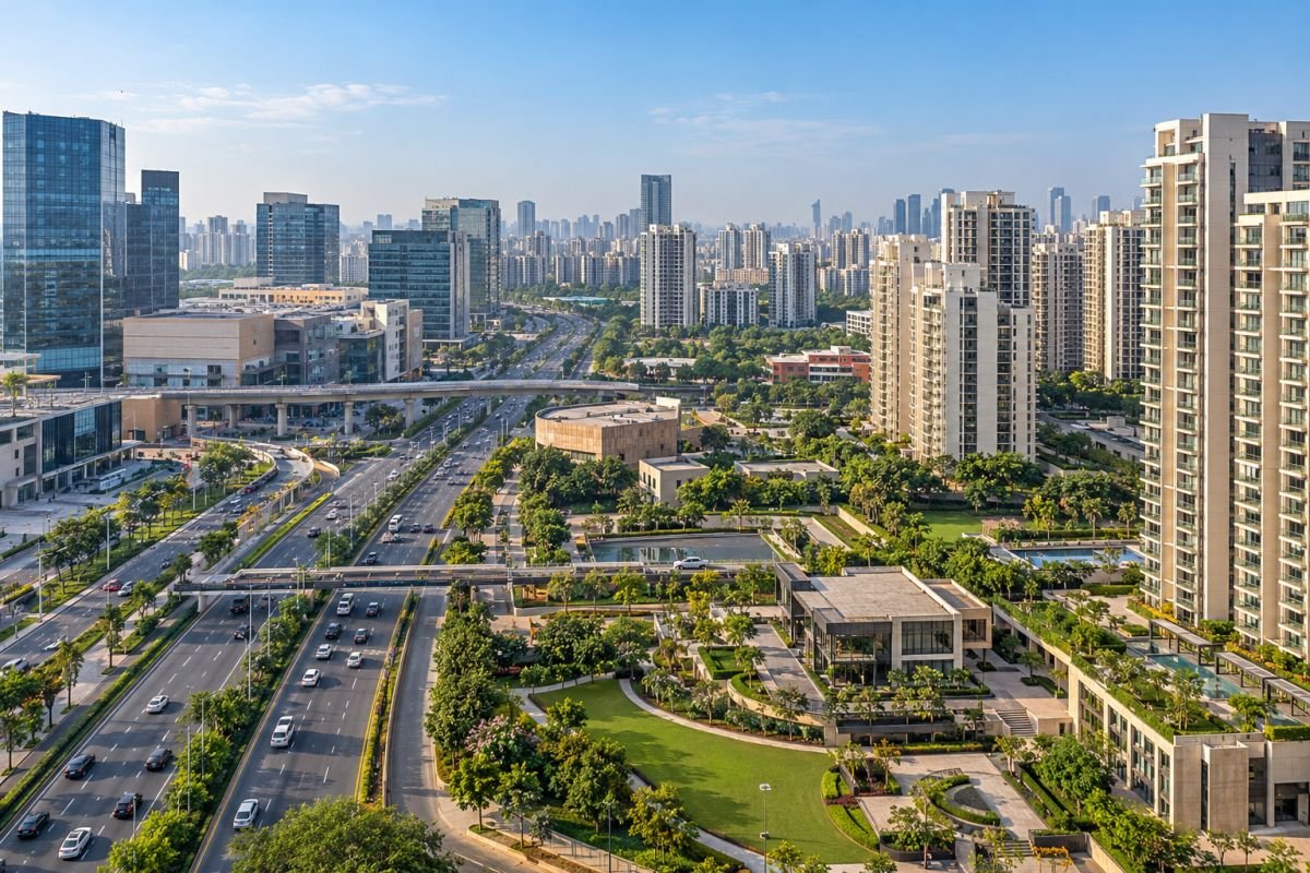 Gurugram residential skyline and urban transport infrastructure representing the 2026–2031 property outlook