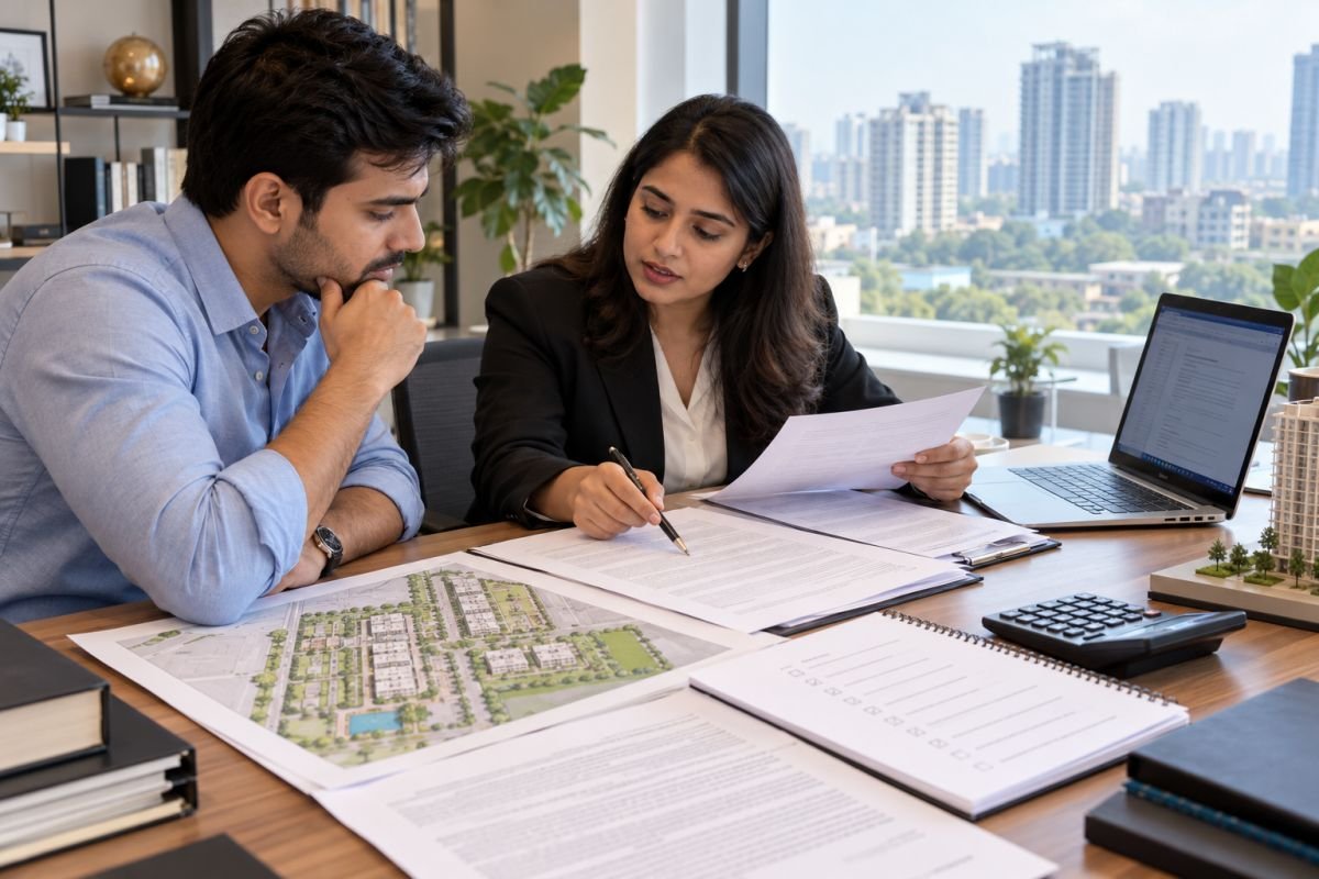 Property buyer reviewing title documents, approved building plans and real estate verification records before purchasing in Gurugram