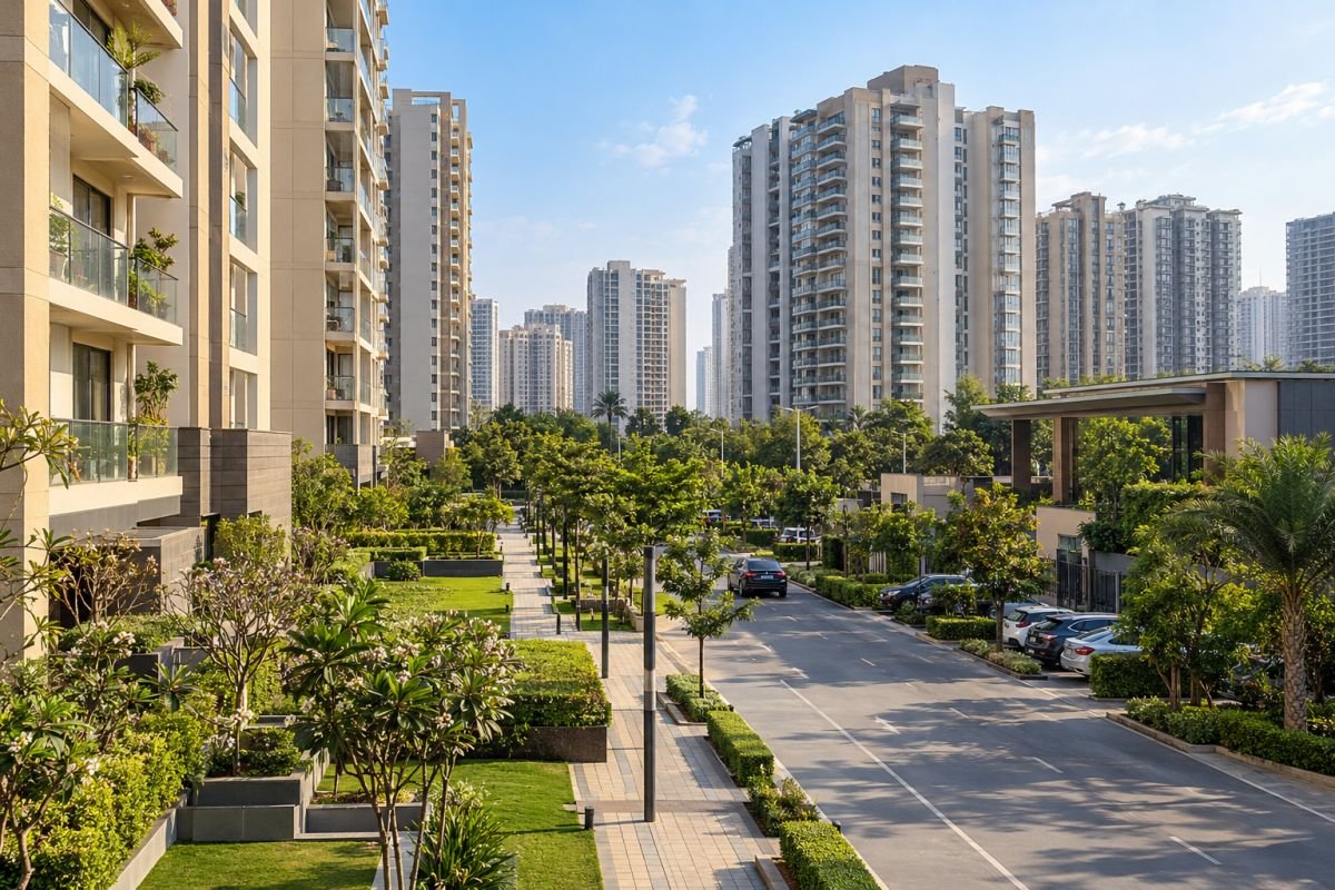 Modern residential apartment buildings and surrounding roads representing Gurugram Sector 48 property catchment
