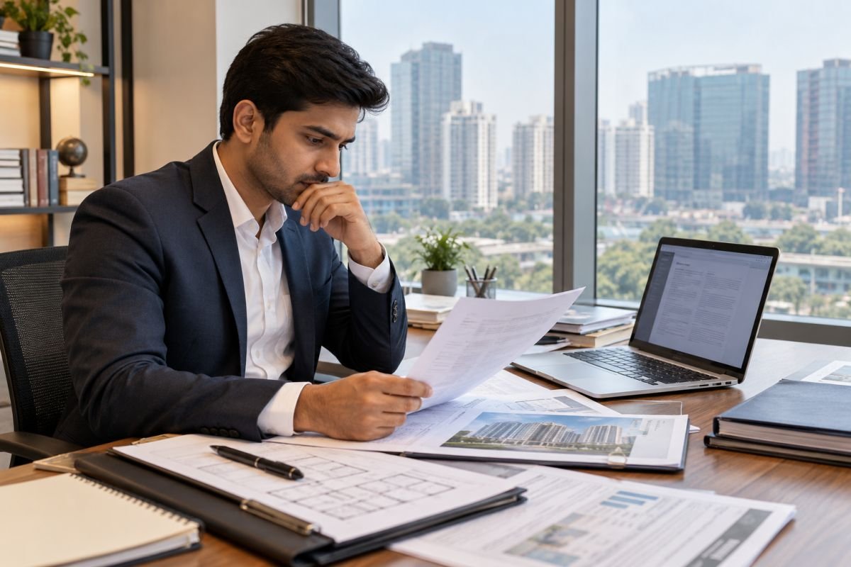 Real estate consultant checking property documents and agent registration details in Gurgaon