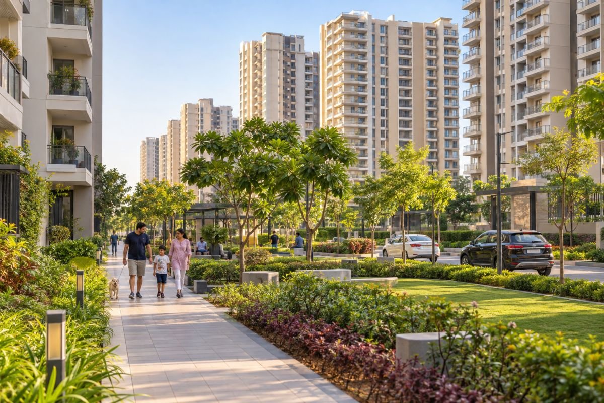 Residential community landscaping and pedestrian spaces illustrating family living in Sector 102 Gurgaon