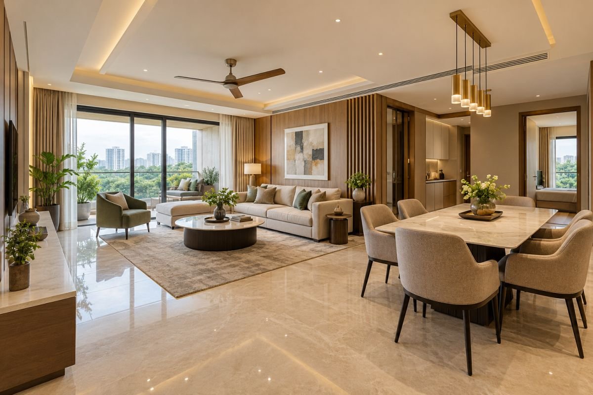 Conceptual luxury independent-floor living room illustrating natural light, interior layout and balcony access