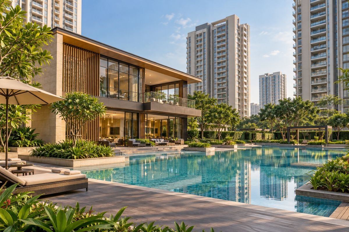 Luxury residential clubhouse, landscaped outdoor spaces and swimming pool in a Gurgaon high-rise community