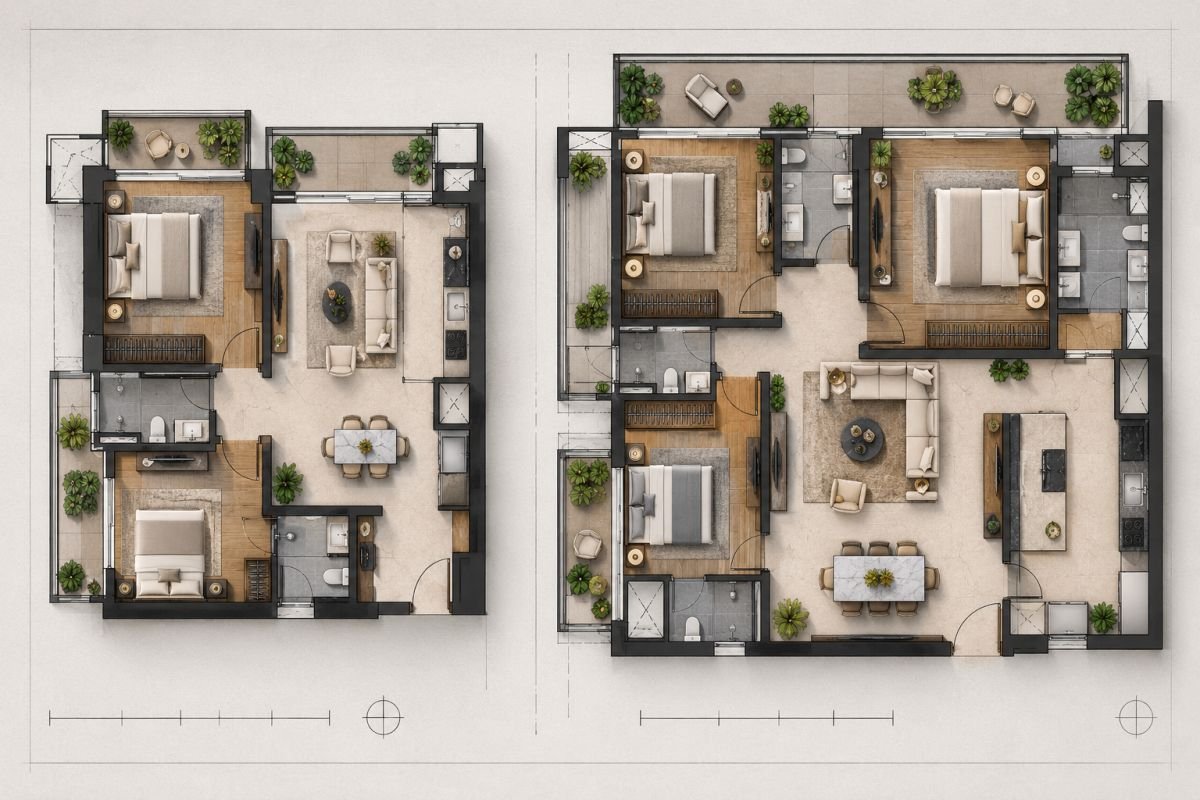 Luxury apartment floor plan comparison illustrating carpet area and super area efficiency