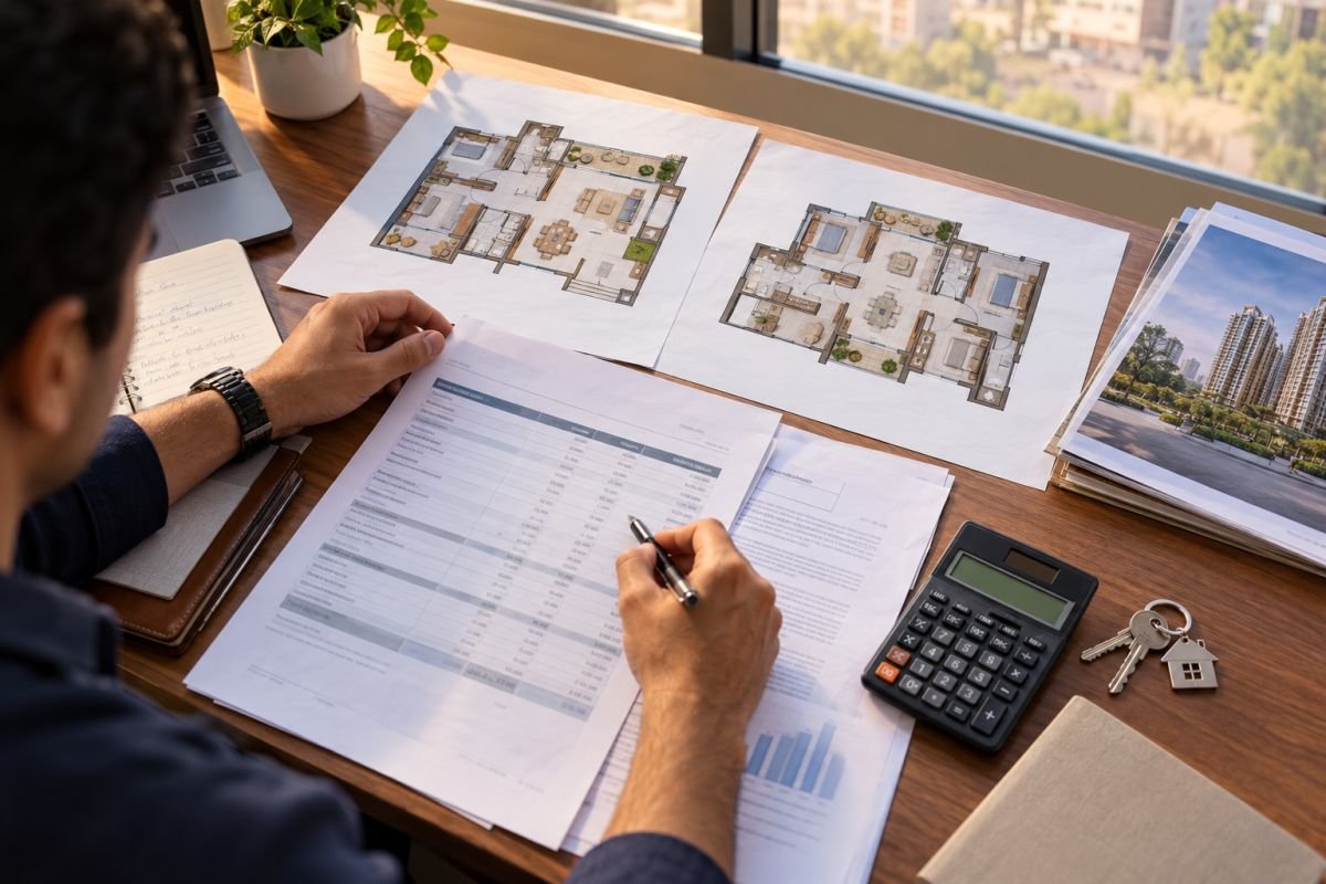 Real estate buyer comparing M3M St. Andrews and M3M Golfestate apartment costs and documents