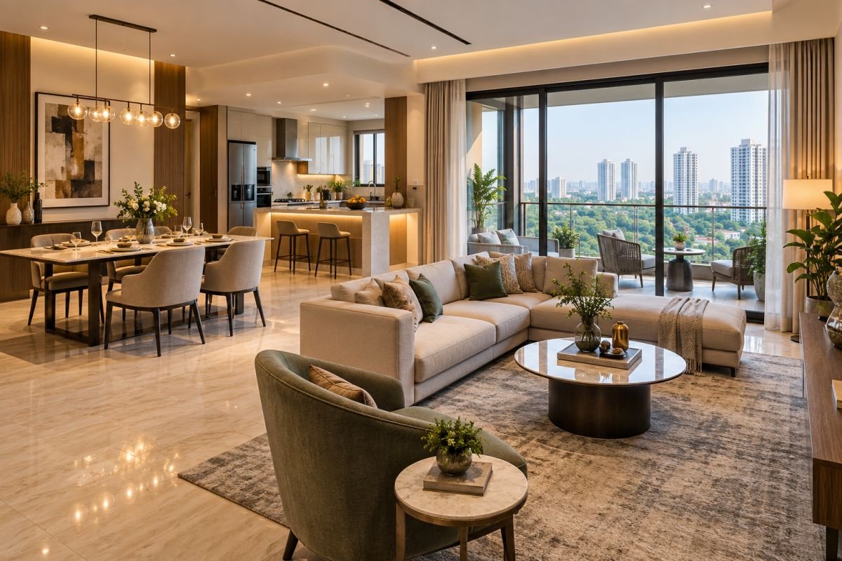 Modern Gurgaon apartment living area illustrating usable carpet space and floor-plan efficiency