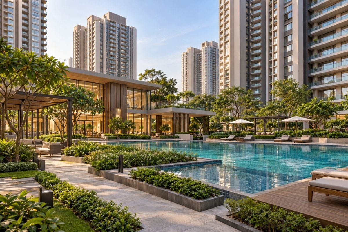 Premium residential clubhouse, swimming pool and landscaped green space in a Gurgaon apartment community