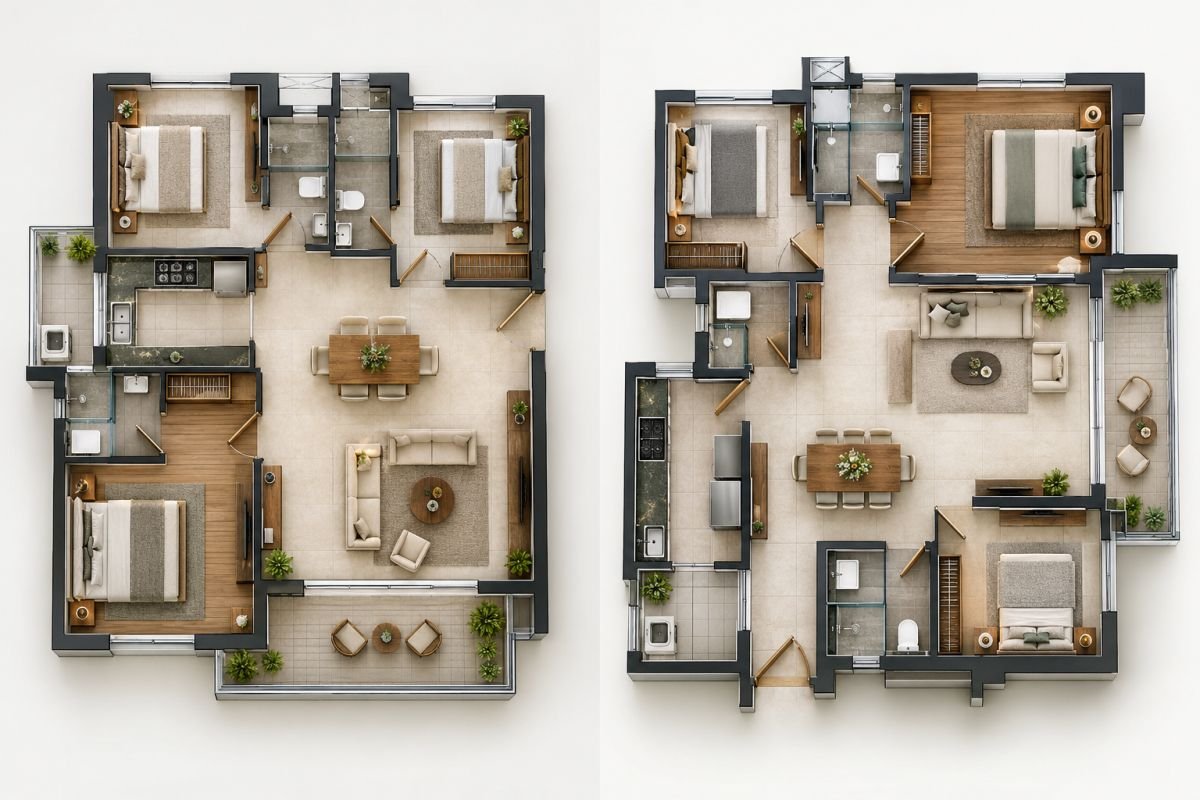 Comparison of Vastu-oriented and modern functional apartment floor plans.