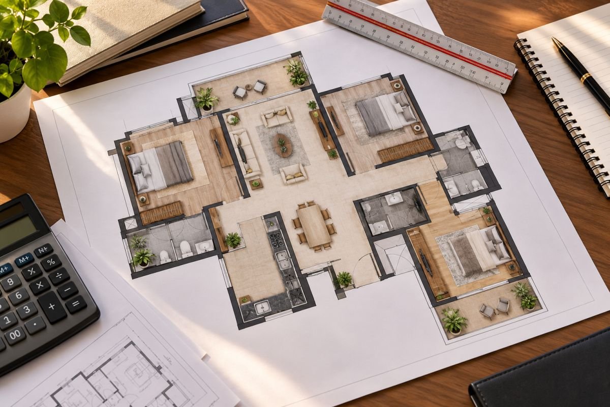 Apartment floor plan analysis illustrating carpet area, living spaces and balcony layout for Pioneer Park Sector 61 Gurgaon
