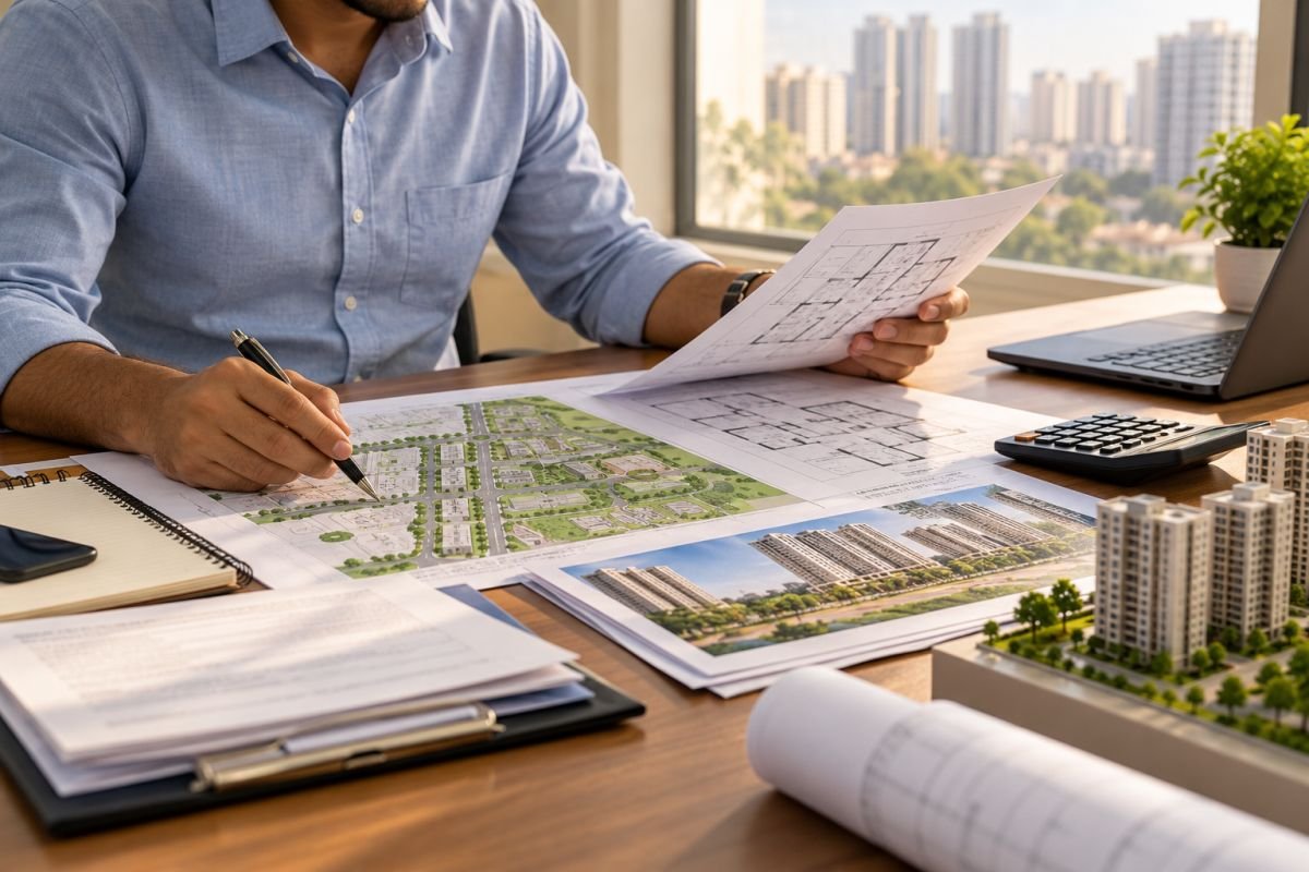 Property buyer reviewing real estate documents and development plans before investing