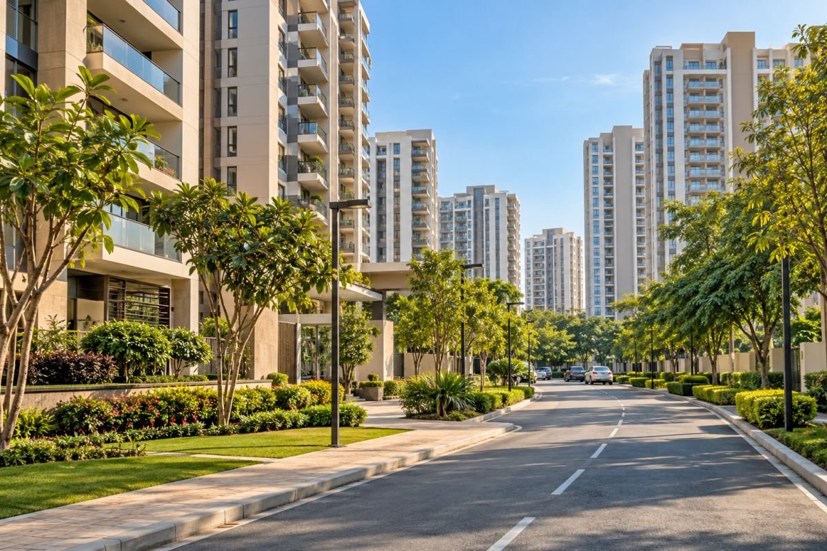 Residential buildings and landscaped streets in a Gurgaon neighbourhood