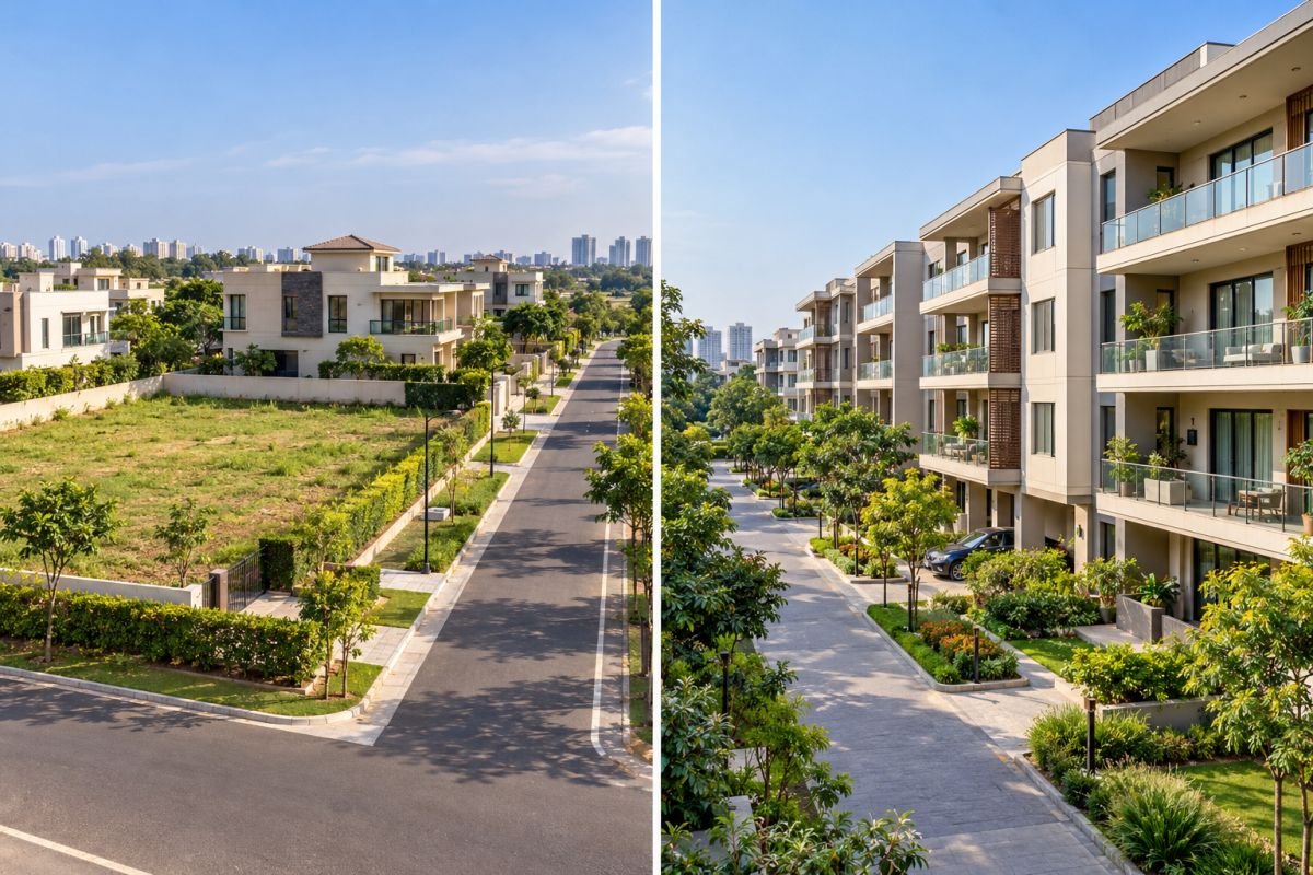 Landscaped residential community with walking paths, green spaces and low-rise housing in Gurgaon