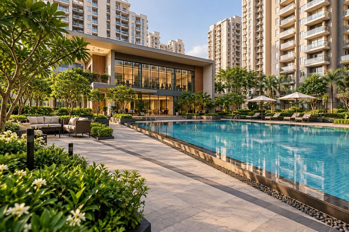Contemporary residential clubhouse, swimming pool and landscaped outdoor space in Gurgaon