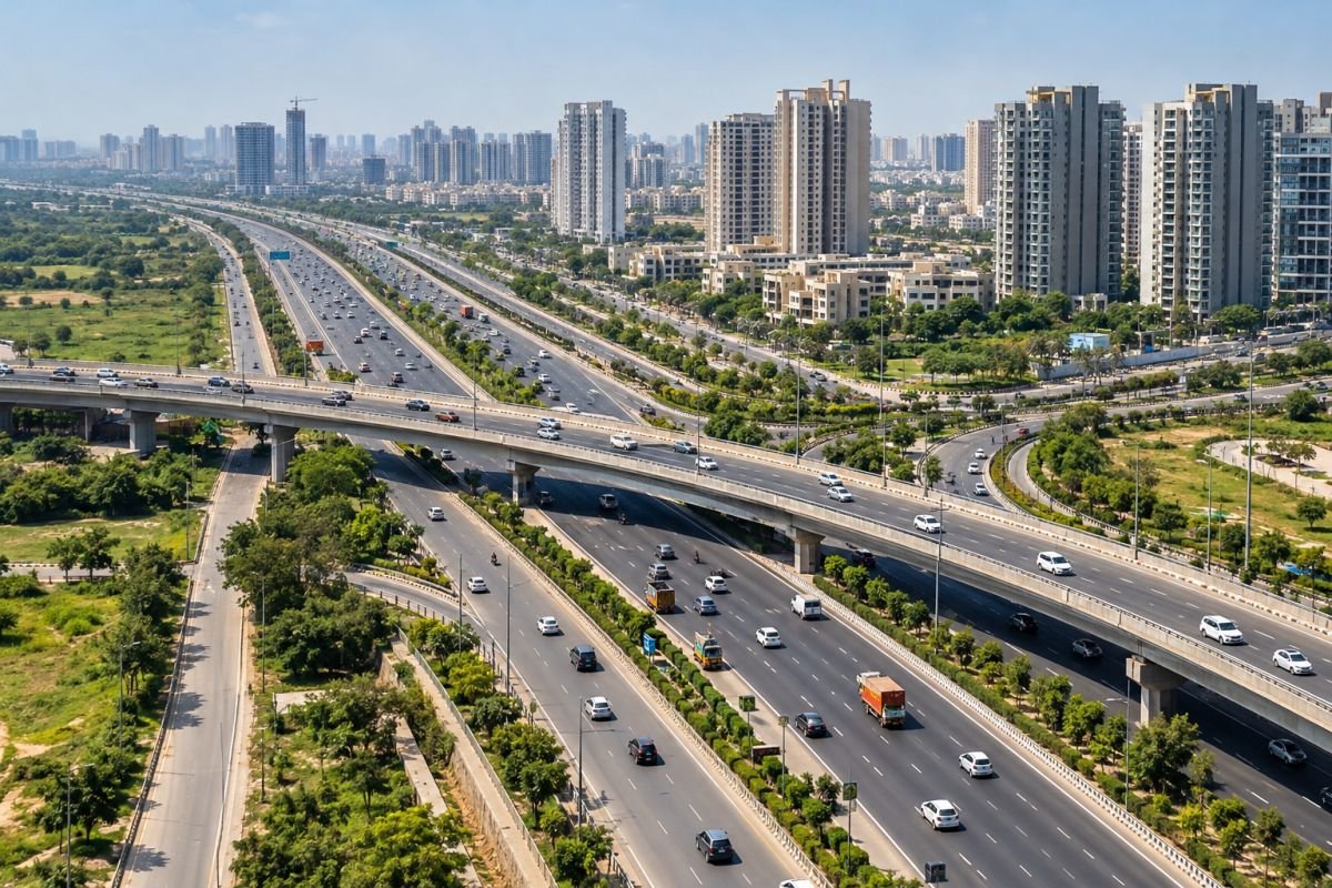 Urban highway infrastructure near New Gurgaon connecting residential sectors with Dwarka Expressway.