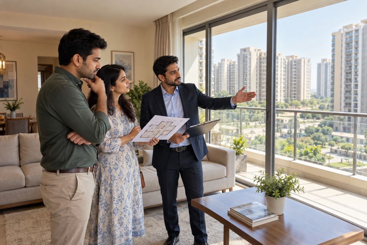 Homebuyers inspecting a ready-to-move apartment in Gurgaon before making a purchase decision.