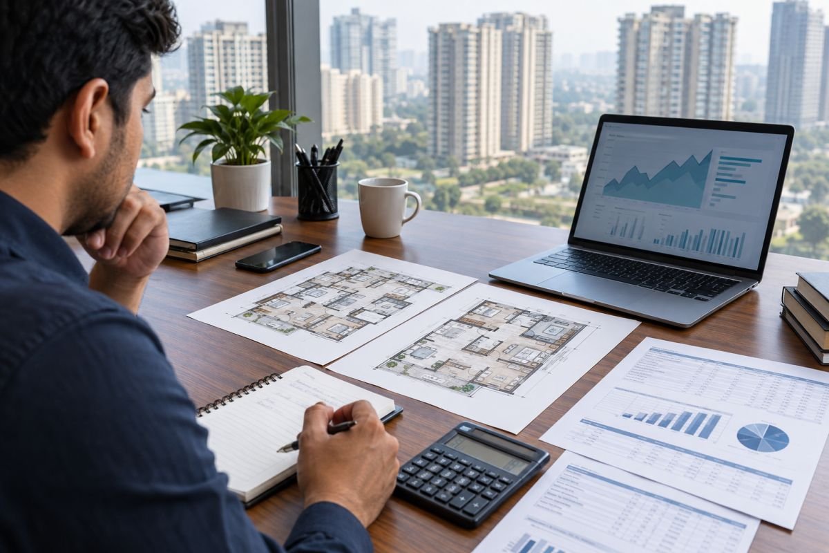 Property floor plans, calculator and financial documents used to assess apartment prices and rental yields in Gurgaon.