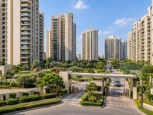 Residential high-rise apartment buildings in Sector 90 Gurgaon, part of the New Gurgaon housing corridor.