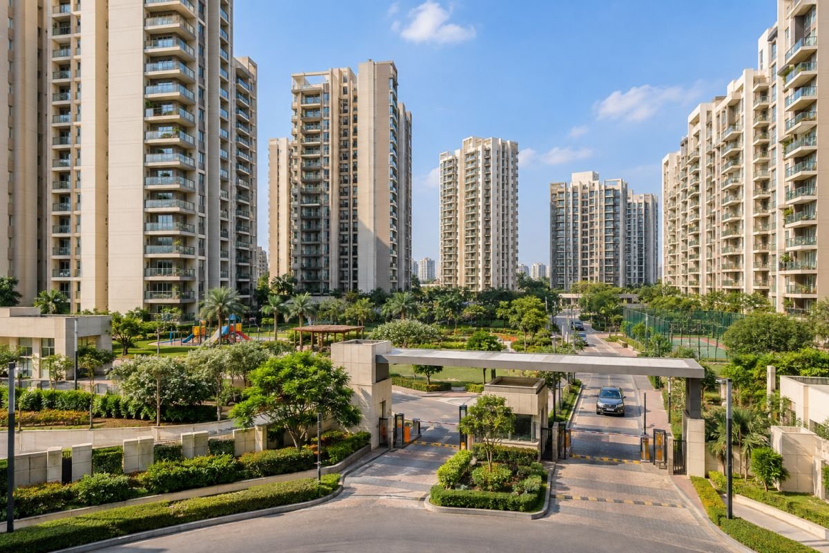 Residential high-rise apartment buildings in Sector 90 Gurgaon, part of the New Gurgaon housing corridor.