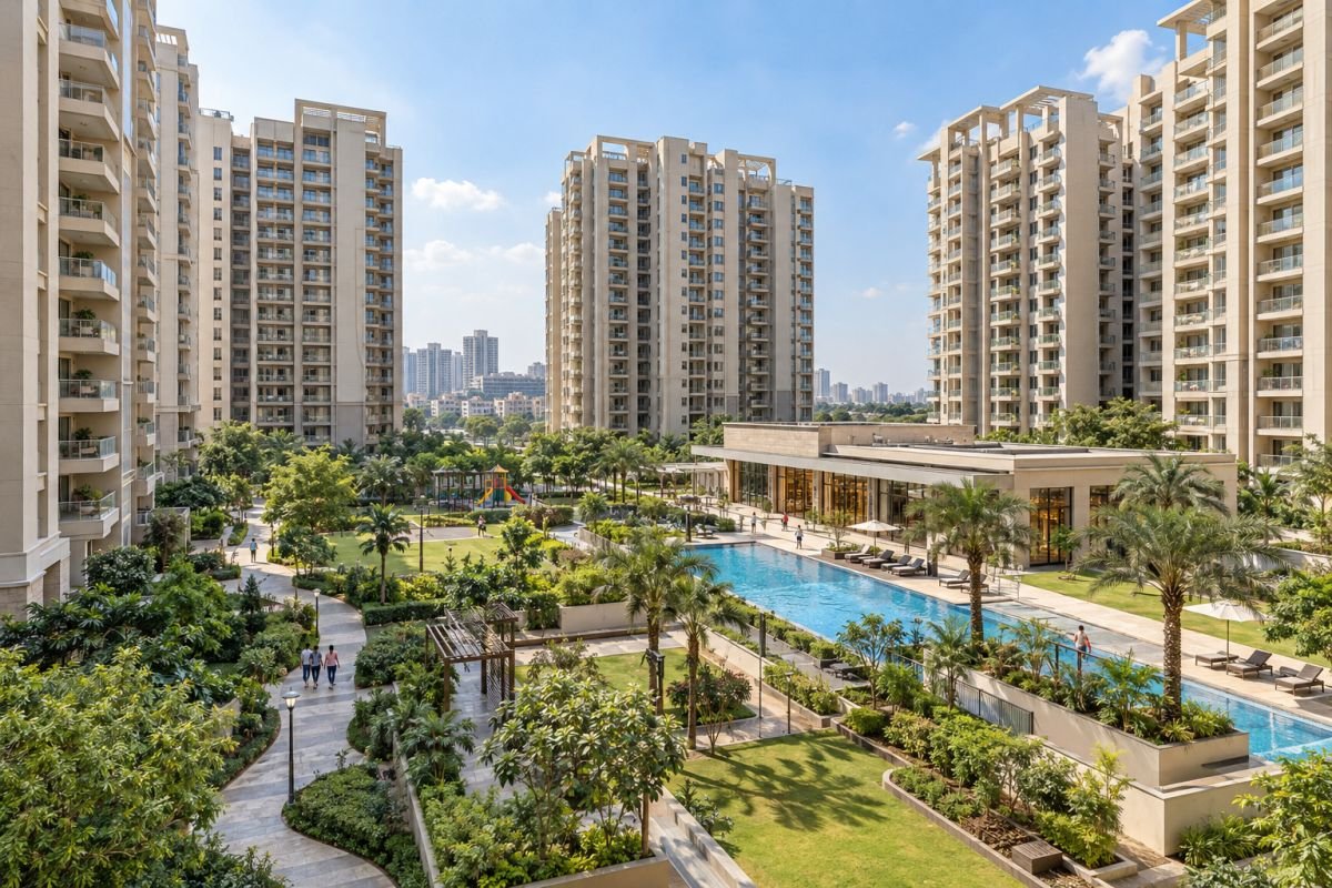 Gated apartment community with landscaped grounds and residential towers in New Gurgaon.
