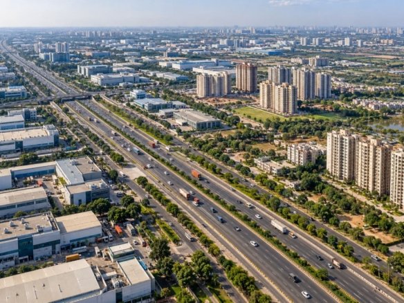 Aerial view of the IMT Manesar industrial township and residential development corridor near NH-48, Gurugram.