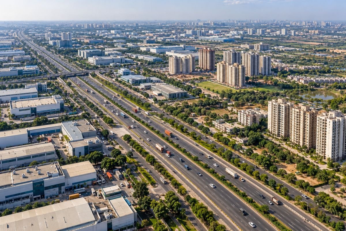 Aerial view of the IMT Manesar industrial township and residential development corridor near NH-48, Gurugram.