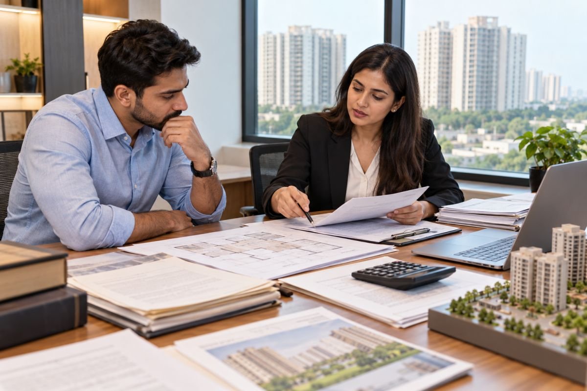 Property buyer reviewing ownership documents and legal checks before purchasing a home in Sector M9 Manesar.