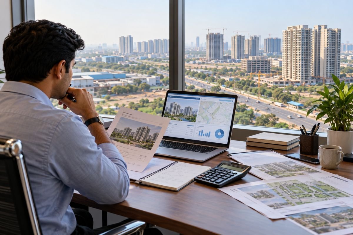 Real estate investor analysing apartment prices, rental income and property investment potential in Manesar.