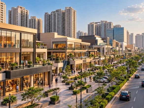 Modern high-street retail development surrounded by residential towers in Sector 82A, Gurgaon.