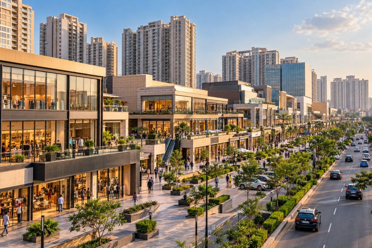 Modern high-street retail development surrounded by residential towers in Sector 82A, Gurgaon.