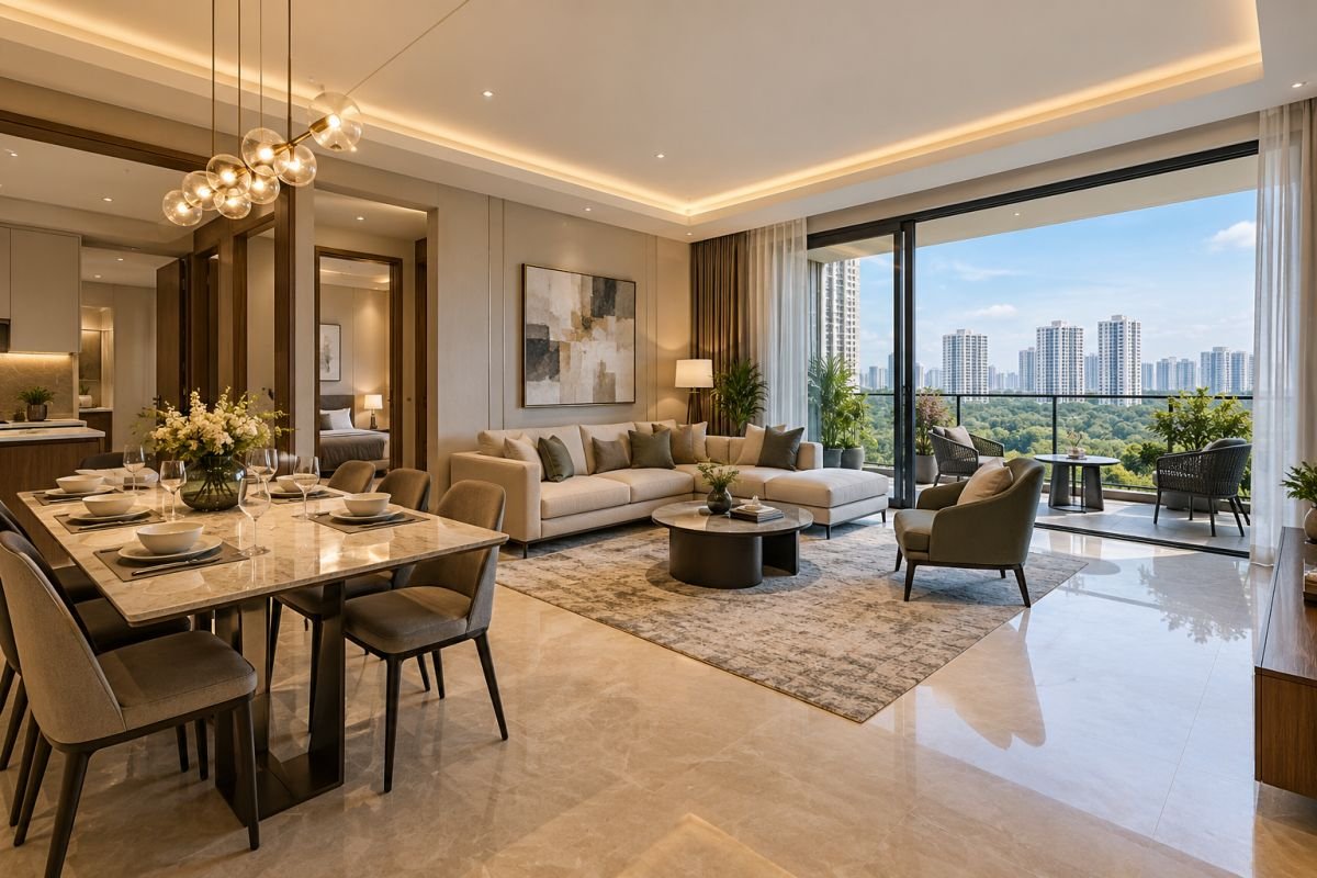 Apartment living space and balcony illustrating layout differences between Sky Arc and Tulip Leaf